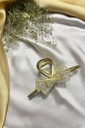 Crystal Bow Gold Metal Hair Claw Clip – Long One-Sided Design for Medium to Thick Hair